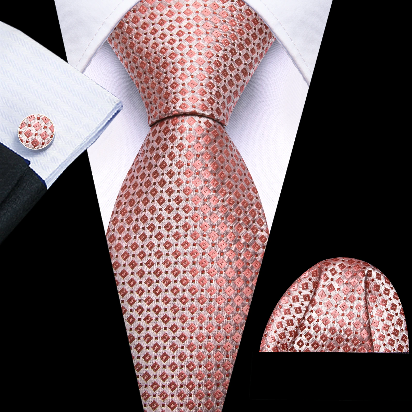 Mens Tie Golden Red Green Pink Plaid Checks Geometric Ties Hanky Cufflinks Set Necktie Formal Wedding Dinner silk Party