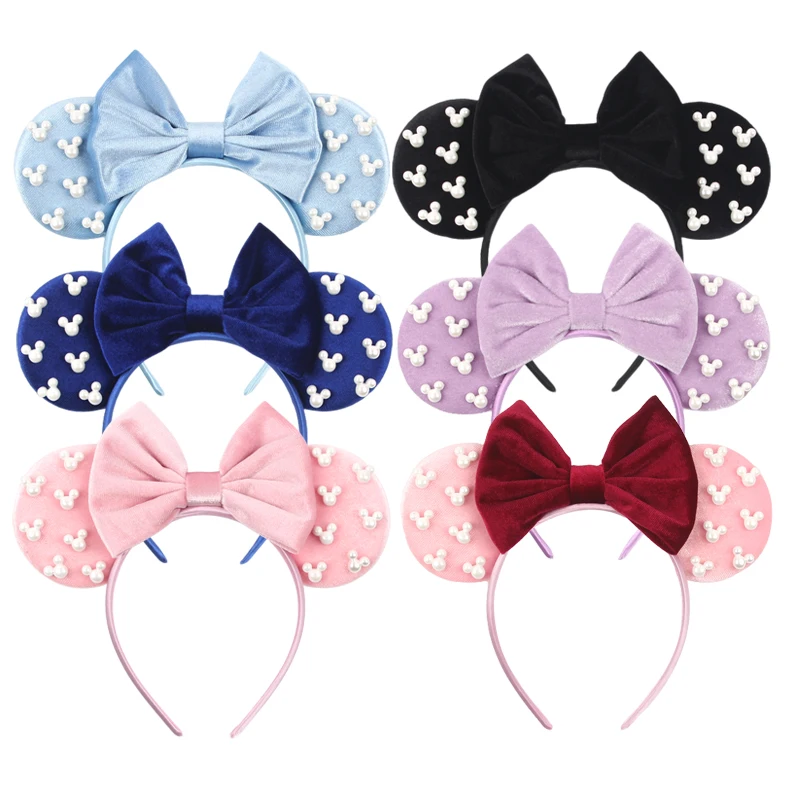 Pearls 3.3"Mouse Ears Headband 5‘’ Velvet Bow Hairband For Girls Festival Party Cosplay DIY Hair Accessories Women Gifts