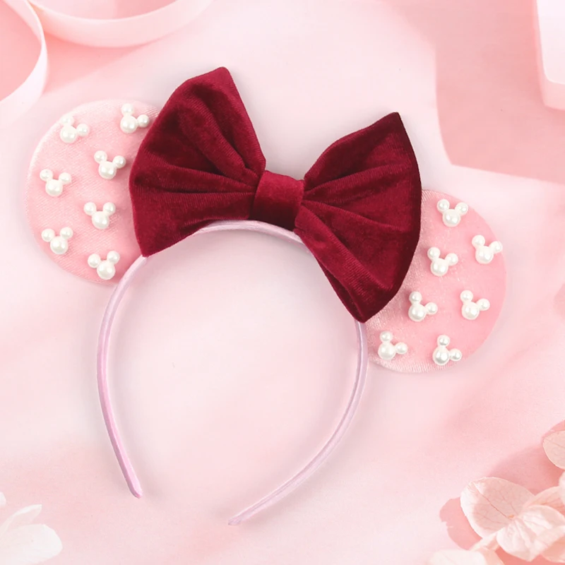 Pearls 3.3"Mouse Ears Headband 5‘’ Velvet Bow Hairband For Girls Festival Party Cosplay DIY Hair Accessories Women Gifts