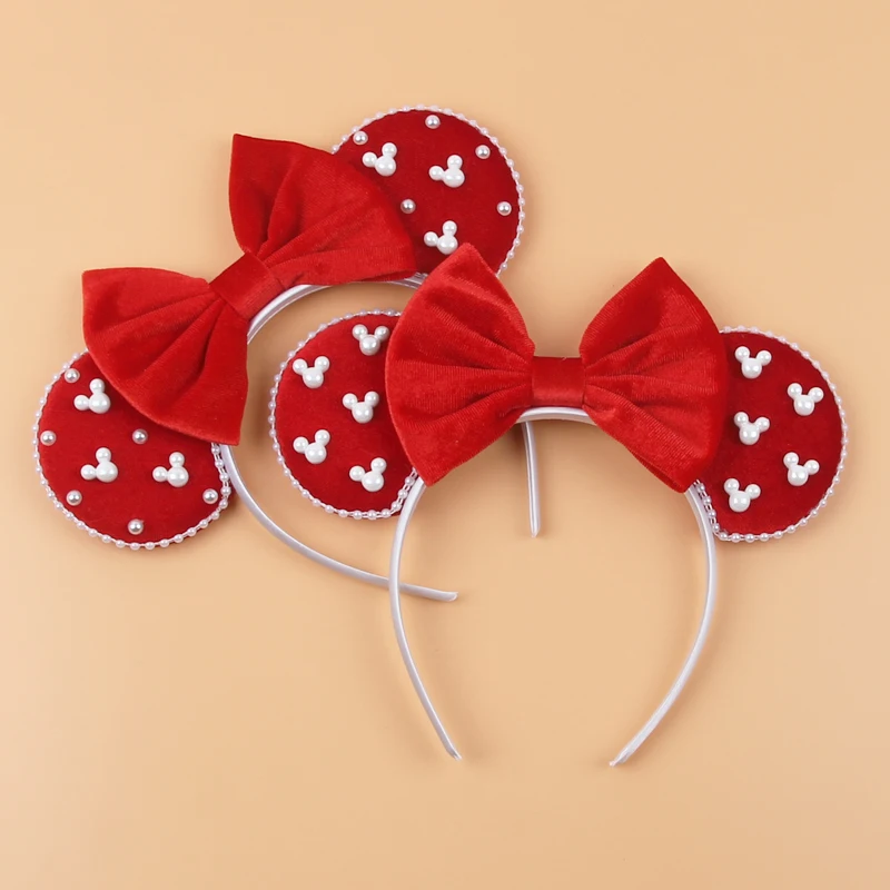 Pearls 3.3"Mouse Ears Headband 5‘’ Velvet Bow Hairband For Girls Festival Party Cosplay DIY Hair Accessories Women Gifts
