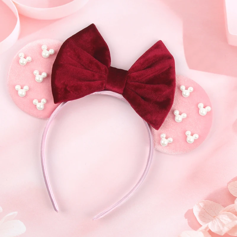 Pearls 3.3"Mouse Ears Headband 5‘’ Velvet Bow Hairband For Girls Festival Party Cosplay DIY Hair Accessories Women Gifts