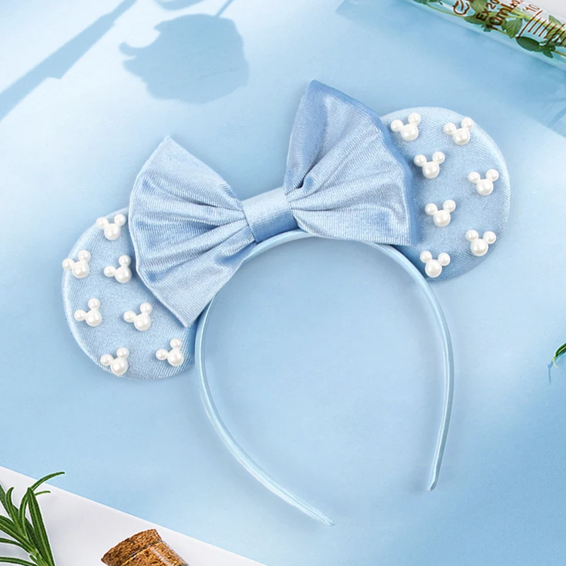 Pearls 3.3"Mouse Ears Headband 5‘’ Velvet Bow Hairband For Girls Festival Party Cosplay DIY Hair Accessories Women Gifts