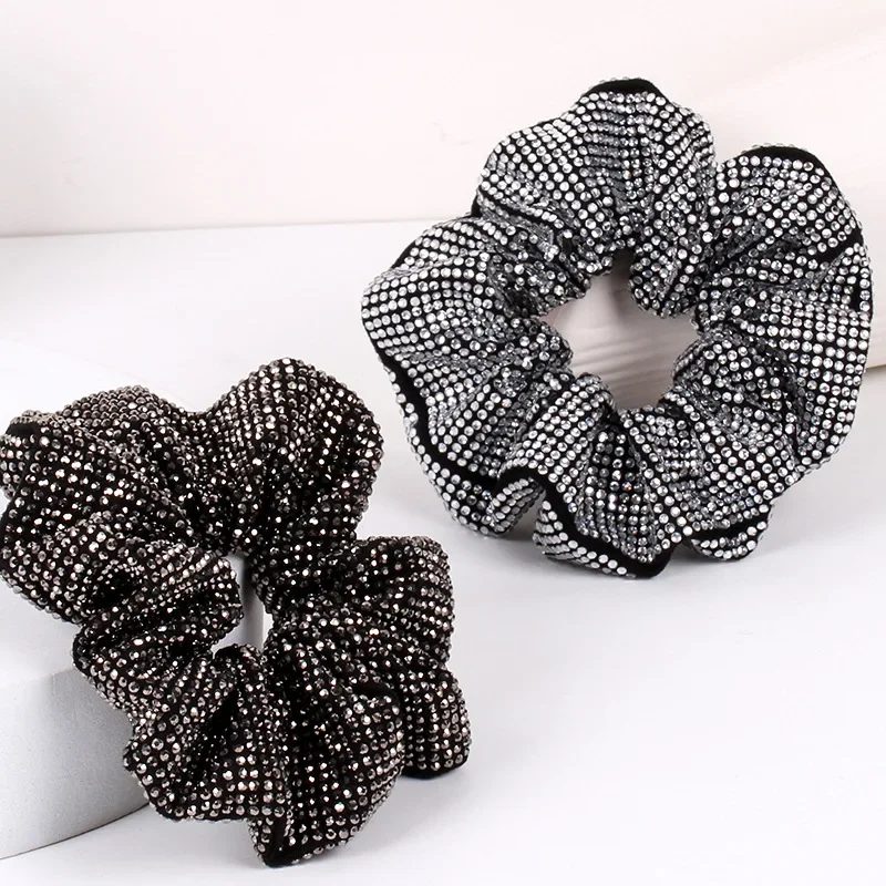 Fashion Ladies Rhinestone Hair Ring Girls New Elegant Temperament Pill Hair Rope Leather Band Hair Accessories Jewelry Gift