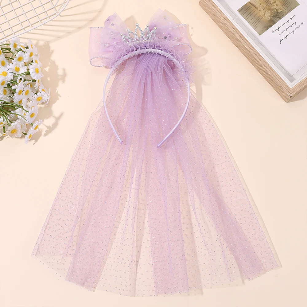 Cute Princess Wedding Veil Headband With Crown Large Meah Bow Hair Hoop Sweet Birthday Party Hair Band Costume Hair Accessories