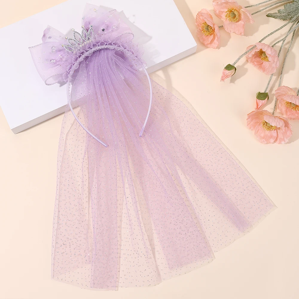 Cute Princess Wedding Veil Headband With Crown Large Meah Bow Hair Hoop Sweet Birthday Party Hair Band Costume Hair Accessories