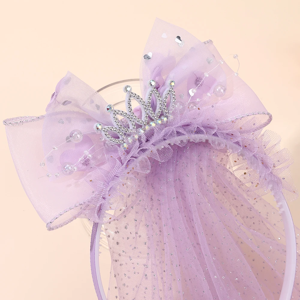 Cute Princess Wedding Veil Headband With Crown Large Meah Bow Hair Hoop Sweet Birthday Party Hair Band Costume Hair Accessories