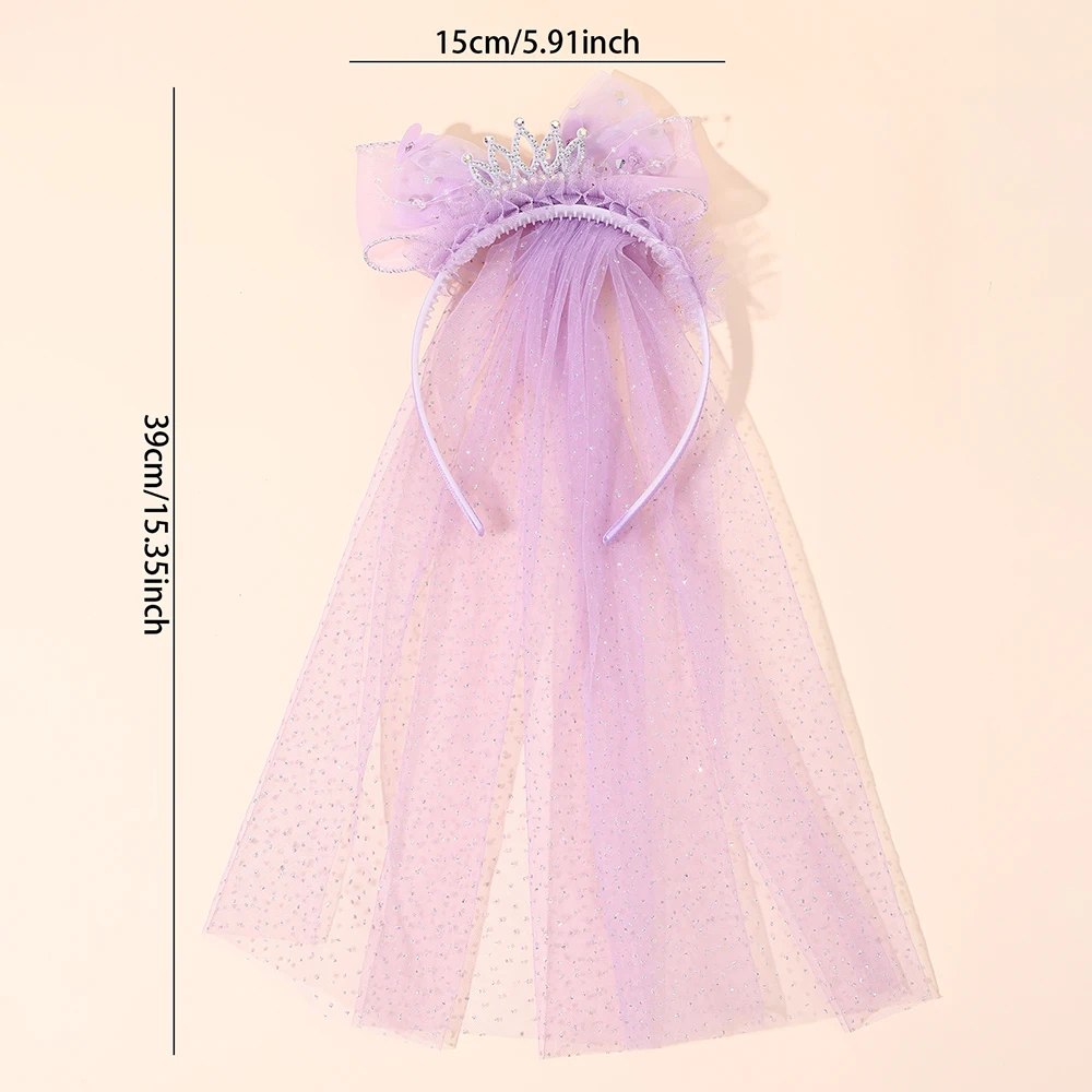 Cute Princess Wedding Veil Headband With Crown Large Meah Bow Hair Hoop Sweet Birthday Party Hair Band Costume Hair Accessories