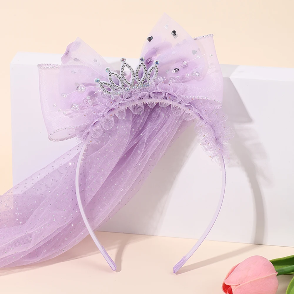 Cute Princess Wedding Veil Headband With Crown Large Meah Bow Hair Hoop Sweet Birthday Party Hair Band Costume Hair Accessories