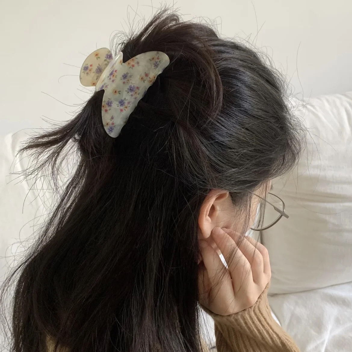 1PC Floral Print Acrylic Hair Claw Clip, Cute Butterfly - Shaped Hair Grip, Sweet Hair Accessory For Women And Girls
