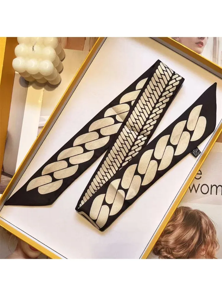 French New Geometric Chain Twill Silk Scarf Women's Tie Bag Handle Ribbon Headband Scarf Wholesale 5 * 90cm