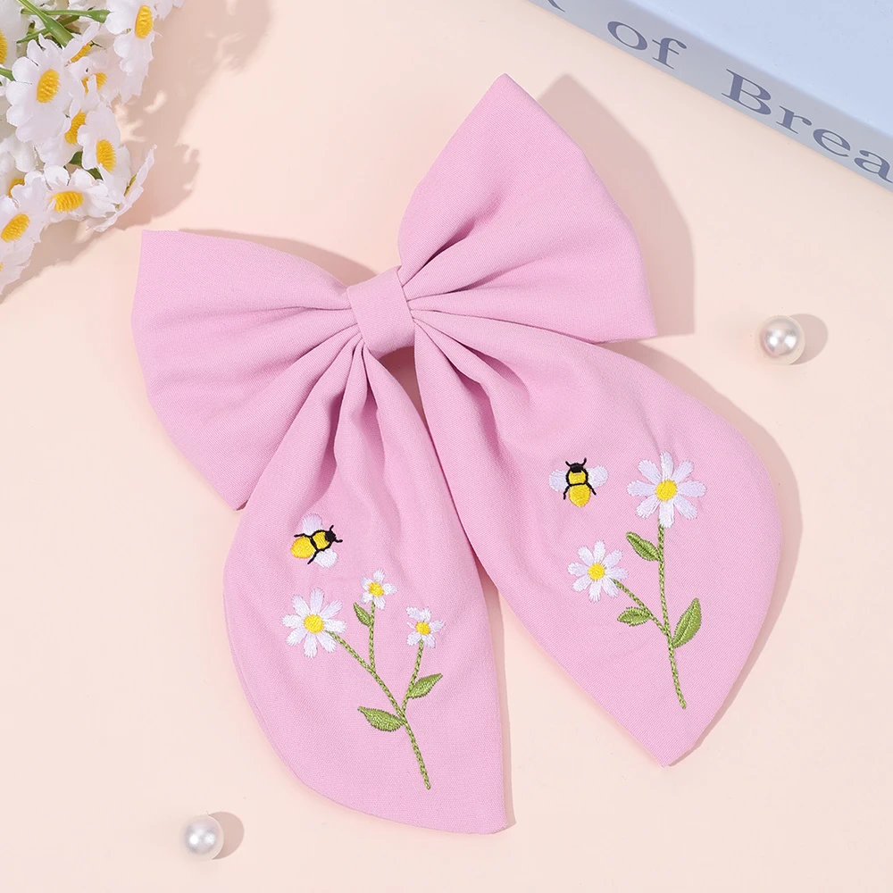 Flower Bow Hair Clips Sweet Pink Bee Floral Handmade Embroidery Bownot Barrette For Girls Children Daliy Heawear Accessories