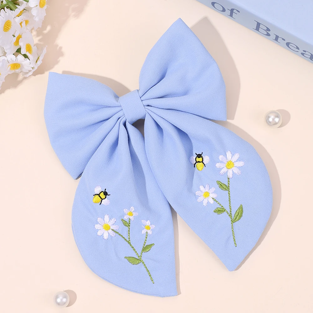 Flower Bow Hair Clips Sweet Pink Bee Floral Handmade Embroidery Bownot Barrette For Girls Children Daliy Heawear Accessories