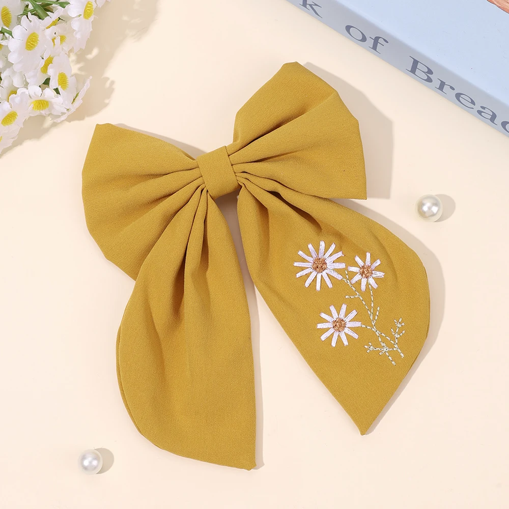 Flower Bow Hair Clips Sweet Pink Bee Floral Handmade Embroidery Bownot Barrette For Girls Children Daliy Heawear Accessories