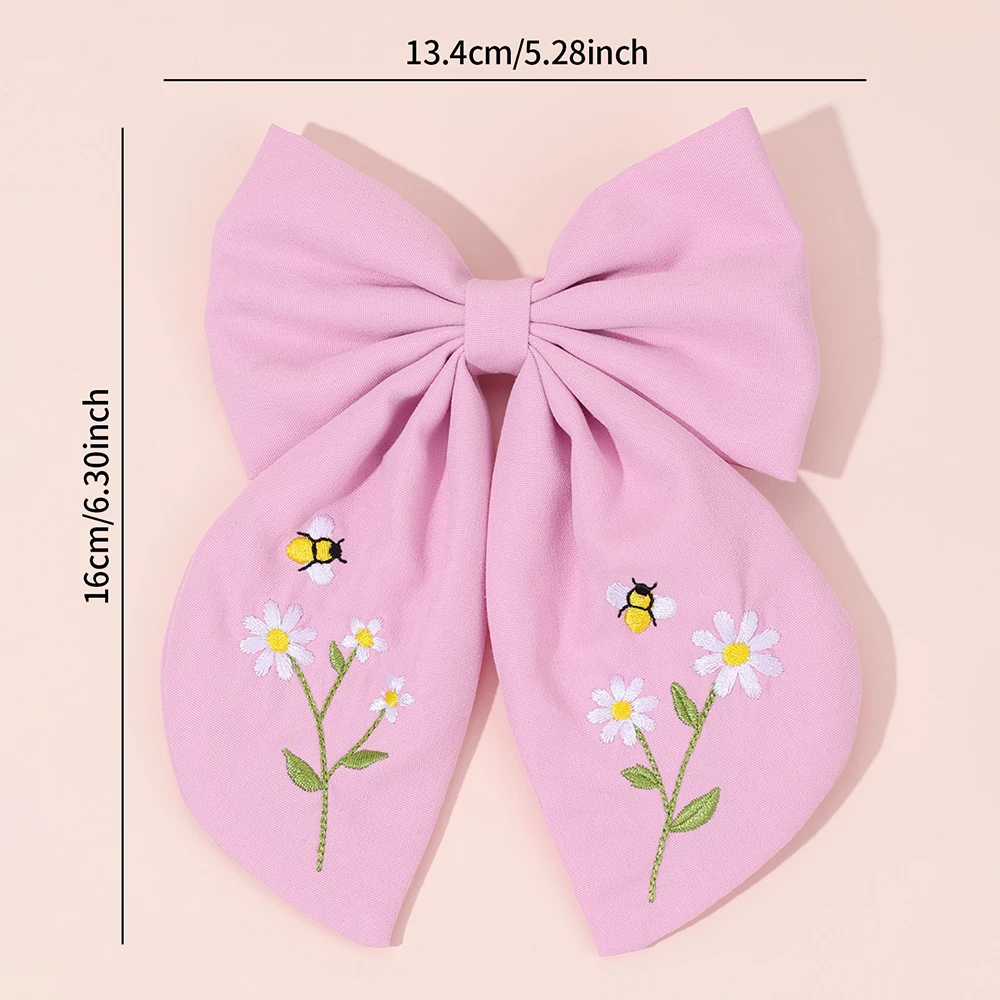Flower Bow Hair Clips Sweet Pink Bee Floral Handmade Embroidery Bownot Barrette For Girls Children Daliy Heawear Accessories