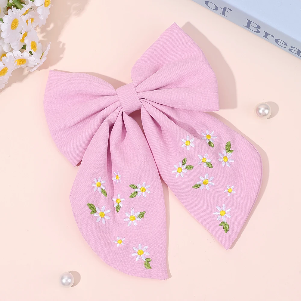 Flower Bow Hair Clips Sweet Pink Bee Floral Handmade Embroidery Bownot Barrette For Girls Children Daliy Heawear Accessories