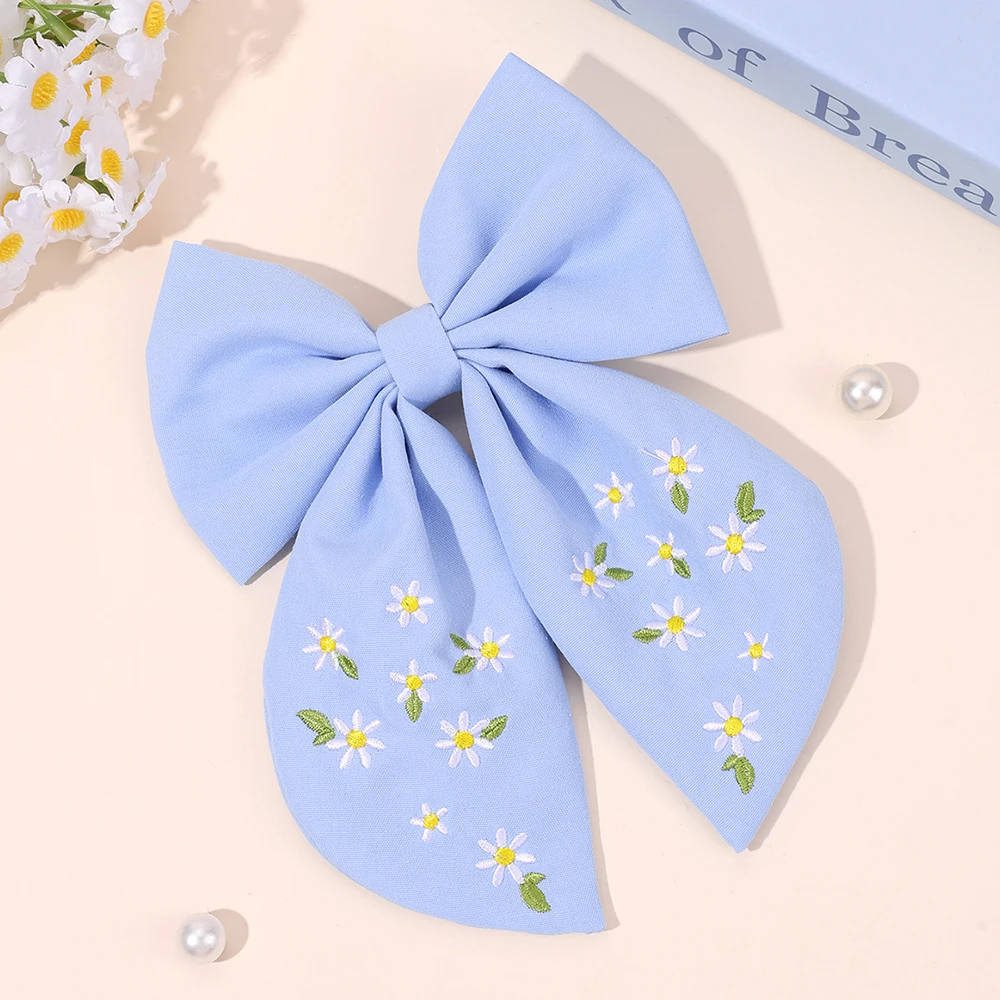 Flower Bow Hair Clips Sweet Pink Bee Floral Handmade Embroidery Bownot Barrette For Girls Children Daliy Heawear Accessories