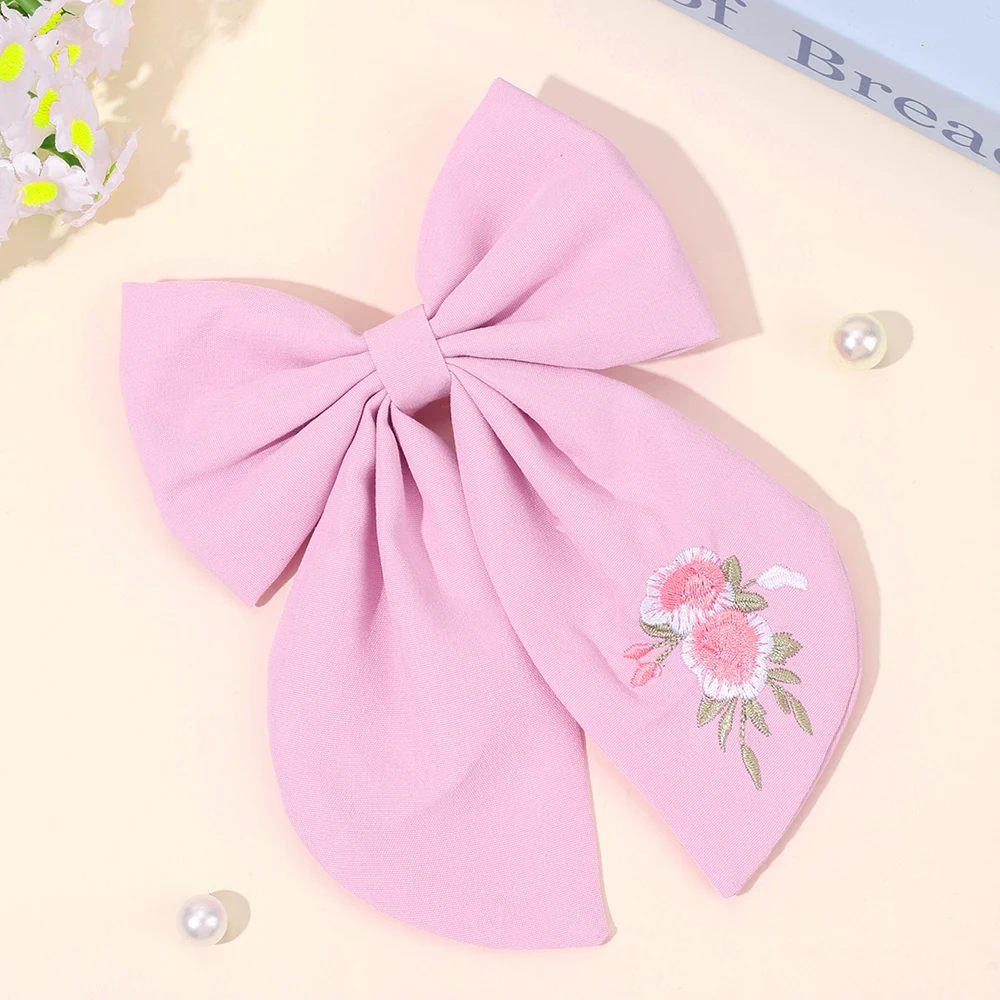 Flower Bow Hair Clips Sweet Pink Bee Floral Handmade Embroidery Bownot Barrette For Girls Children Daliy Heawear Accessories