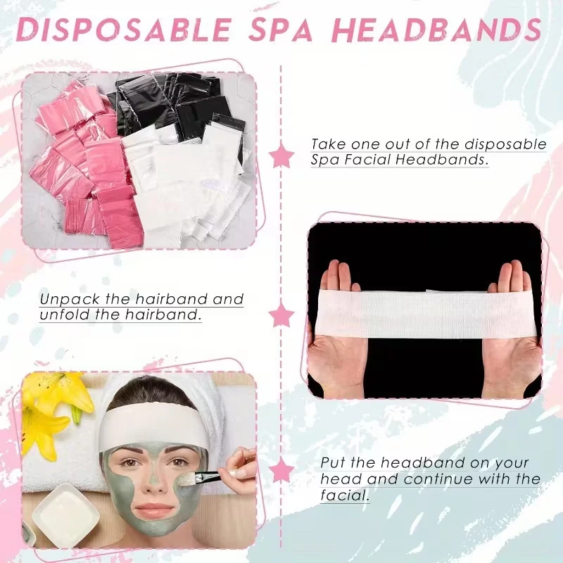 10/50/100pcs Disposable Headbands Spa Salon Facial Headband Black White Pink Elastic Adjustable Magic Tape Skincare Accessory