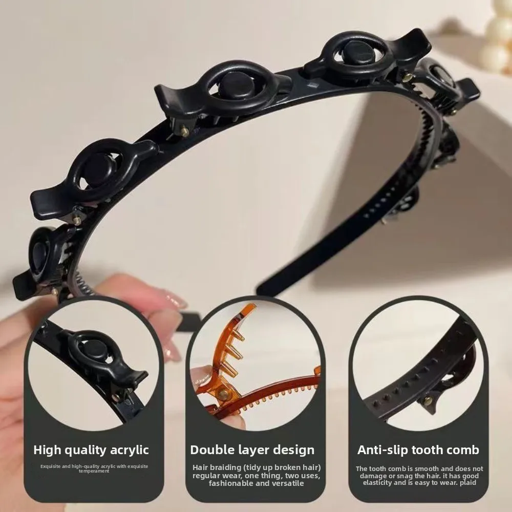 Adjustable Headband with Clips with 8 Clips Double Bangs Multi Layer Toothed Braid Tool Hoop Design Bangs Hairstyle Hairpin