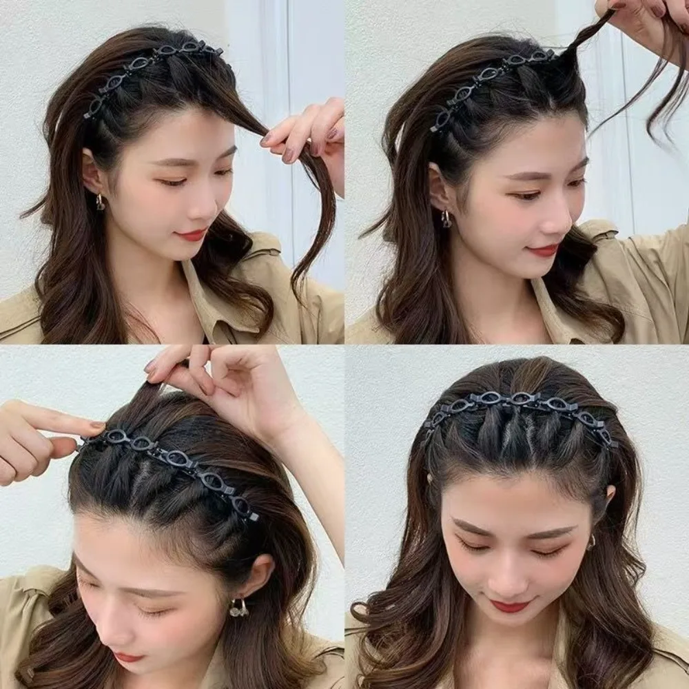 Adjustable Headband with Clips with 8 Clips Double Bangs Multi Layer Toothed Braid Tool Hoop Design Bangs Hairstyle Hairpin