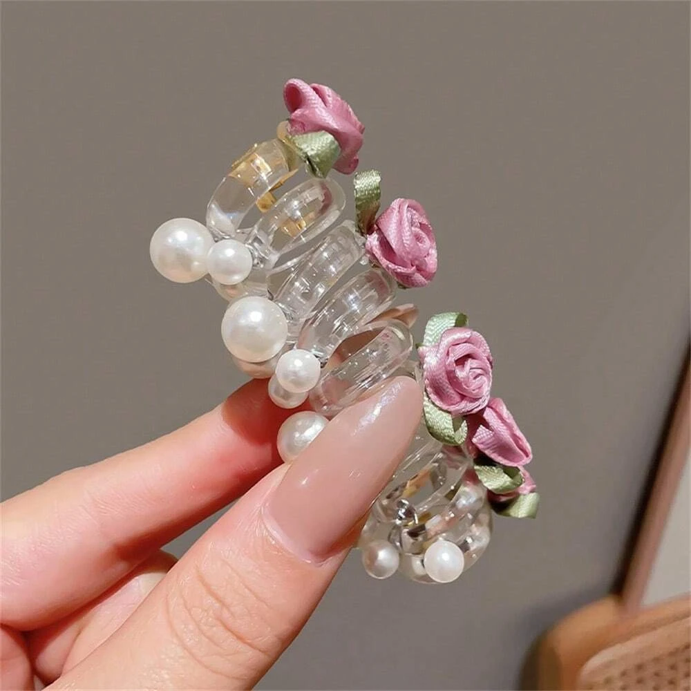 1/3Pcs Rose Pearl Telephone Wire Hair Scrunchie Flower Hair Clip Hair Tie, High-End Women Hair Accessory