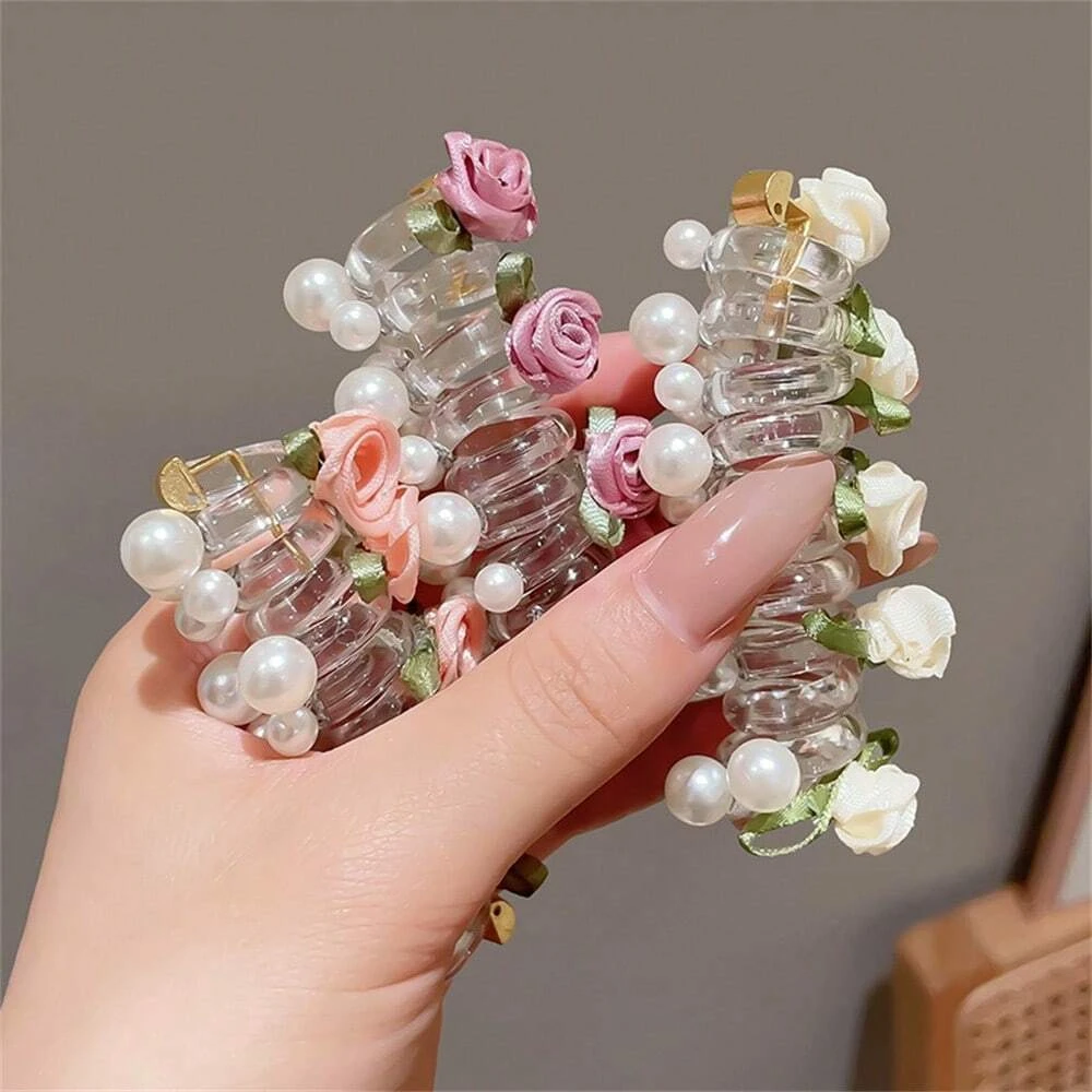 1/3Pcs Rose Pearl Telephone Wire Hair Scrunchie Flower Hair Clip Hair Tie, High-End Women Hair Accessory
