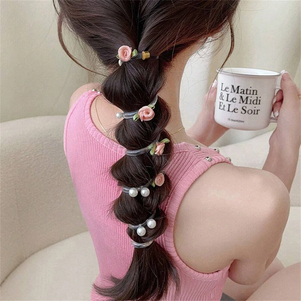 1/3Pcs Rose Pearl Telephone Wire Hair Scrunchie Flower Hair Clip Hair Tie, High-End Women Hair Accessory