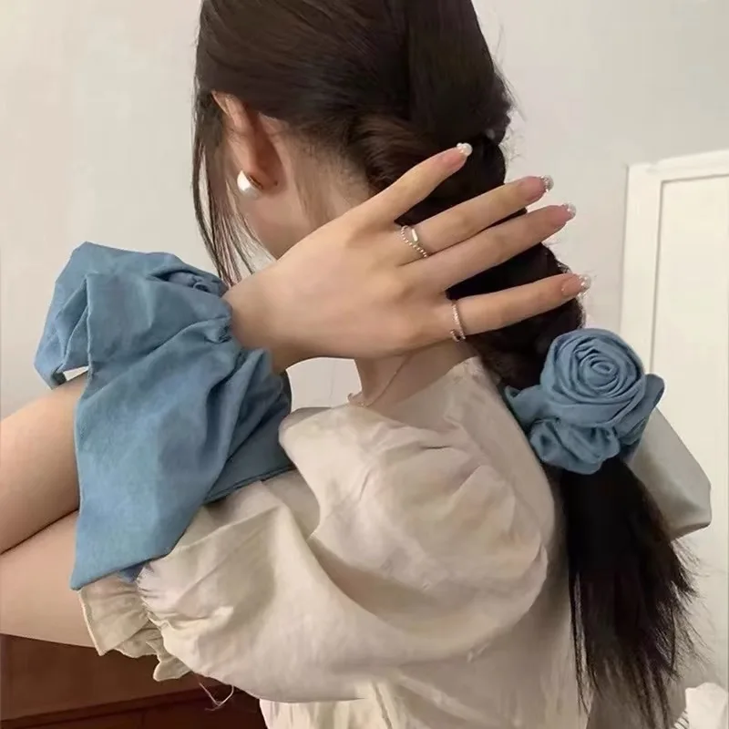 Rose Flower Denim Hair Scrunchies Elastic Hair Bands Women Girls Blue Ponytail Holder Hair Ties Ropes Hair Accessories
