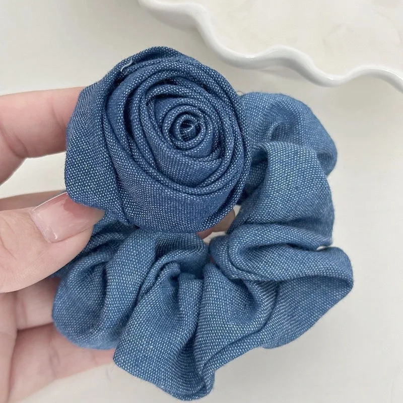 Rose Flower Denim Hair Scrunchies Elastic Hair Bands Women Girls Blue Ponytail Holder Hair Ties Ropes Hair Accessories