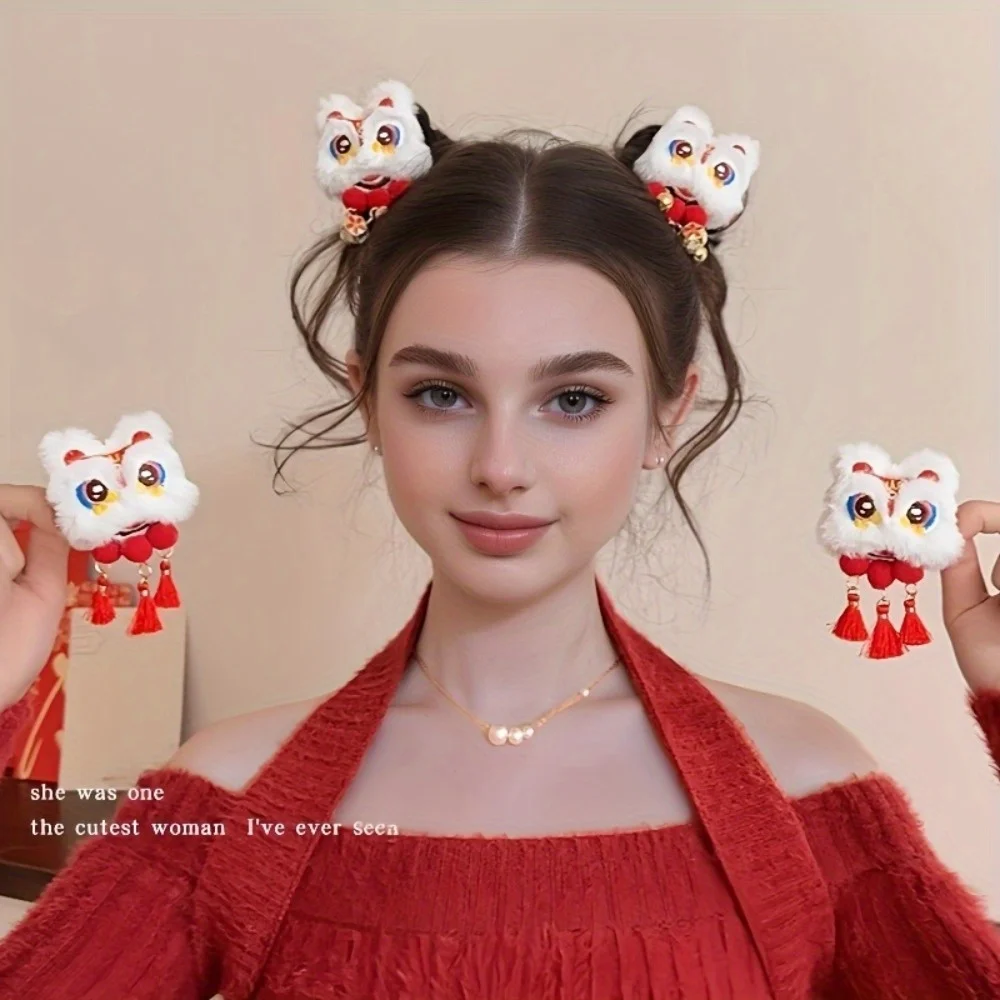 2 Pcs Chinese Style Lion Dance Hair Clips,Plush Animal Tassel Design,New Year Accessories and Gift Sets,Lion Dance,Hair Clips