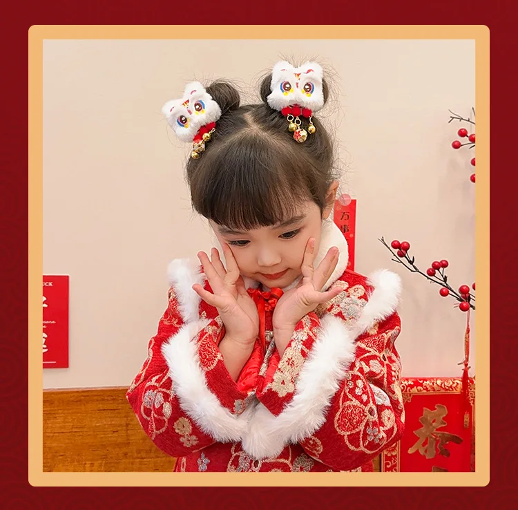 2 Pcs Chinese Style Lion Dance Hair Clips,Plush Animal Tassel Design,New Year Accessories and Gift Sets,Lion Dance,Hair Clips