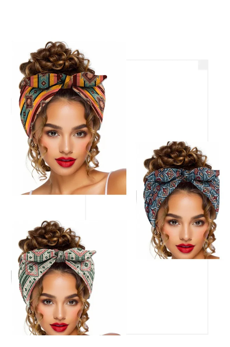 Widening Bohemian Style Printed Front Knot Rabbit Ear Elastic Headband