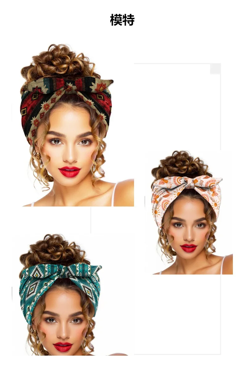 Widening Bohemian Style Printed Front Knot Rabbit Ear Elastic Headband