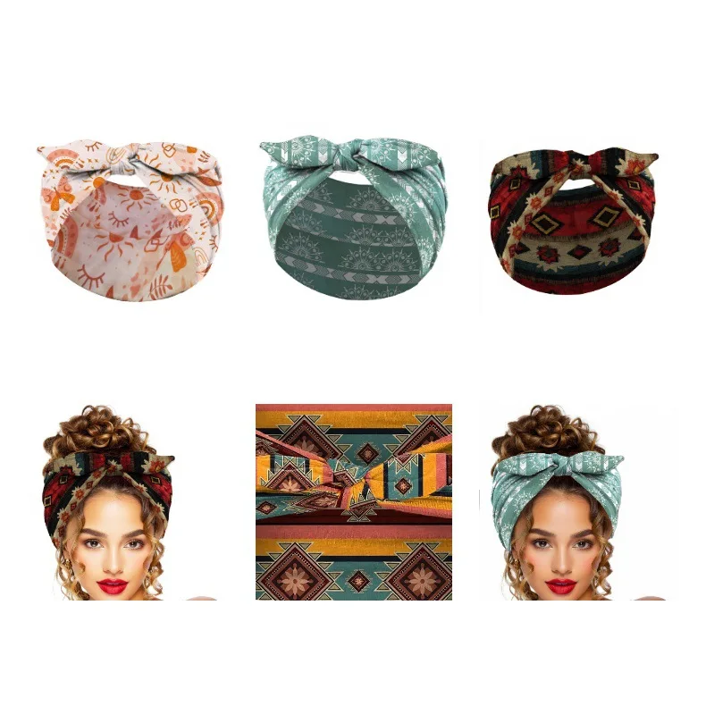 Widening Bohemian Style Printed Front Knot Rabbit Ear Elastic Headband