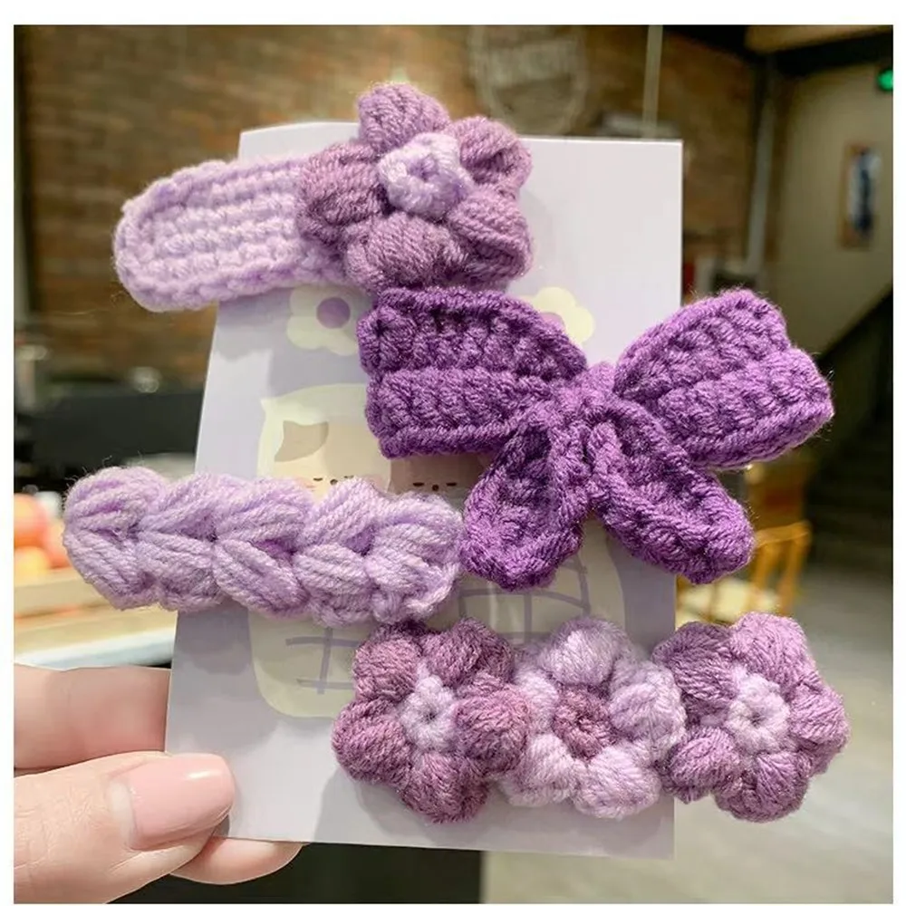 4Pcs Cute Knit BB Hair Clips, Handmade Flower Border Clips,Bow Bang Clips for Kids,Suitable for Chrismas Festival Celebration
