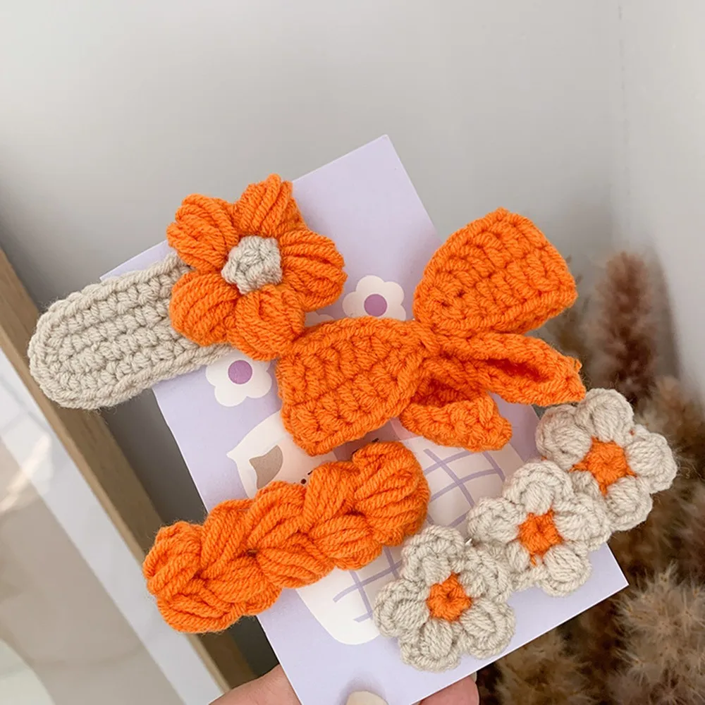 4Pcs Cute Knit BB Hair Clips, Handmade Flower Border Clips,Bow Bang Clips for Kids,Suitable for Chrismas Festival Celebration