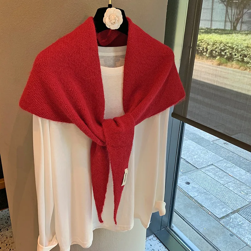 Wool Winter Scarf For Women Warm triangle Knit Scarves Hijab Solid Lady Shawl Wrap Female Pashmina Bandana Head Scarfs New