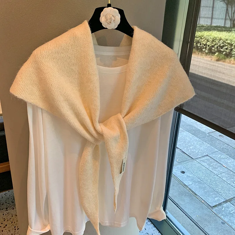 Wool Winter Scarf For Women Warm triangle Knit Scarves Hijab Solid Lady Shawl Wrap Female Pashmina Bandana Head Scarfs New
