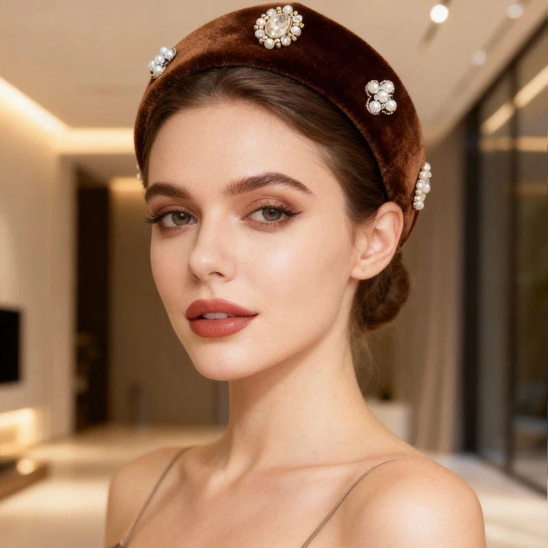 1pc European and American Velvet Headband for Women,Hairbands with Diamonds and Pearls Hair Hoop Lady Headwear Daily Wear