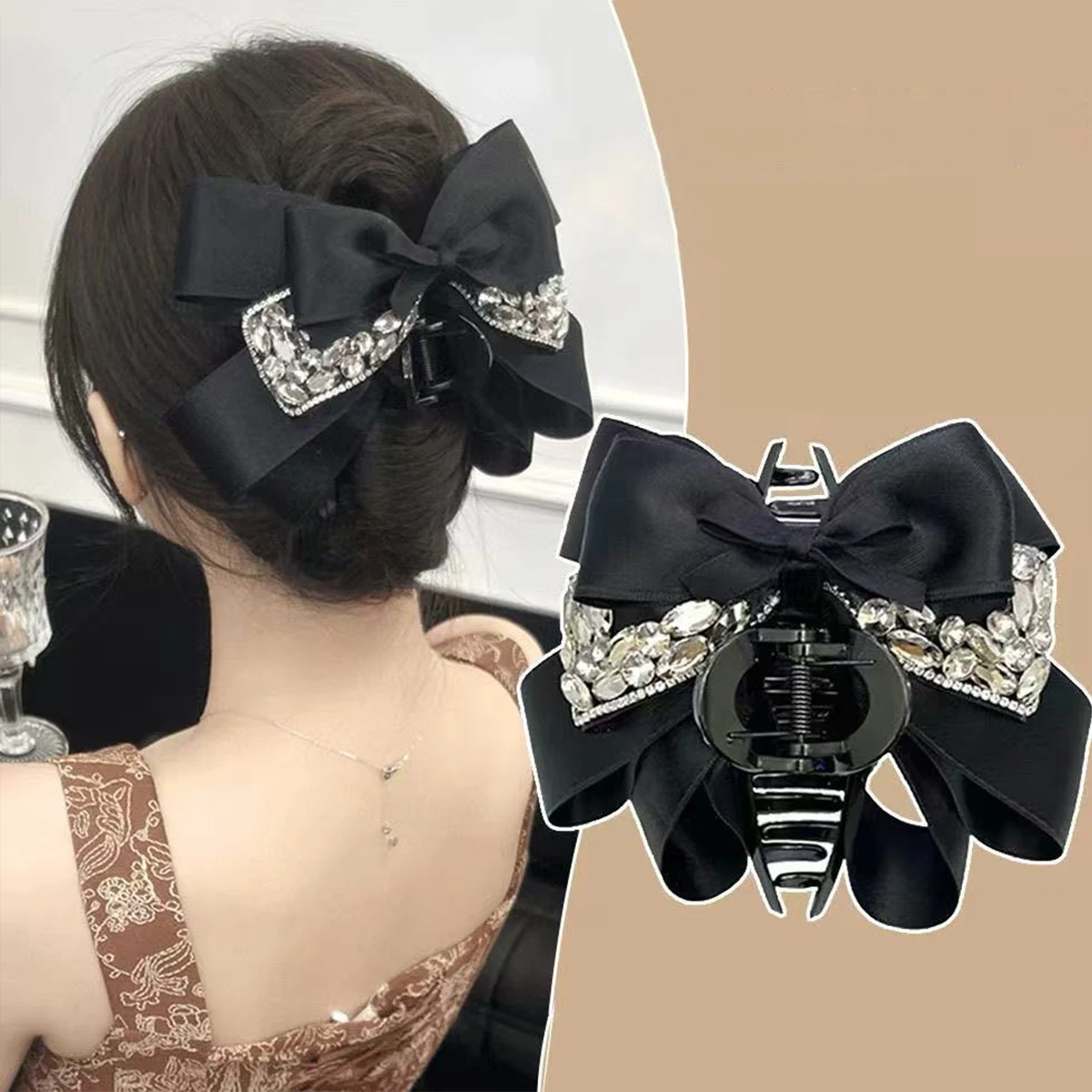 1Pc High-End Black Satin Bow Shark Clip with Glitter Diamond Satin Fashion Temperament Hair Accessory for Updo Back of Head Grab