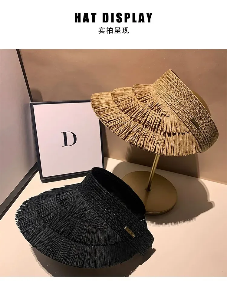 New Designer Fashion Brand Sun Fringe Straw Hat Women's Summer Empty Top Sun Hat Outdoor Parma UV Protection Beach Sun Hat