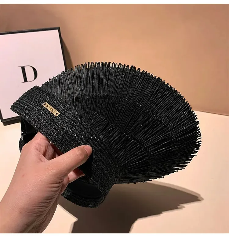 New Designer Fashion Brand Sun Fringe Straw Hat Women's Summer Empty Top Sun Hat Outdoor Parma UV Protection Beach Sun Hat