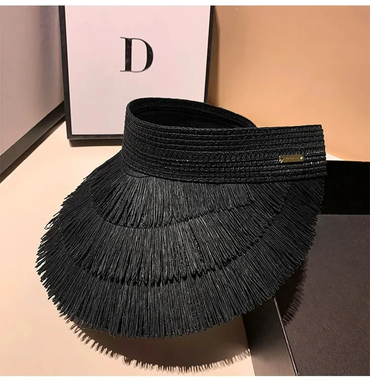New Designer Fashion Brand Sun Fringe Straw Hat Women's Summer Empty Top Sun Hat Outdoor Parma UV Protection Beach Sun Hat