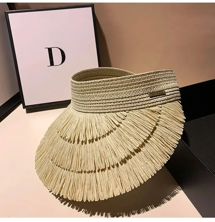 New Designer Fashion Brand Sun Fringe Straw Hat Women's Summer Empty Top Sun Hat Outdoor Parma UV Protection Beach Sun Hat