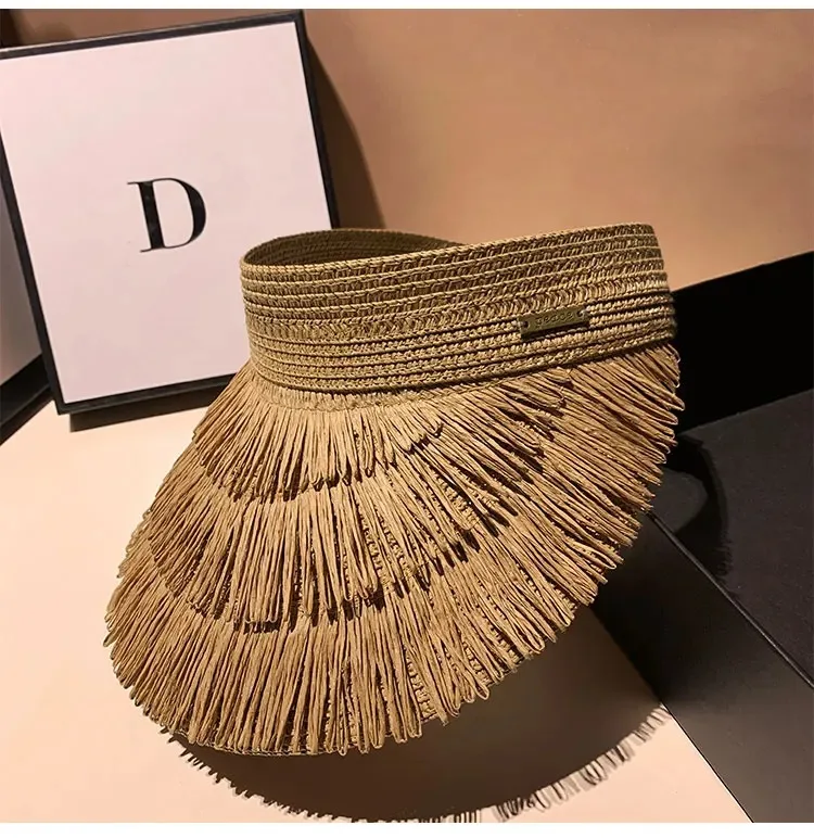 New Designer Fashion Brand Sun Fringe Straw Hat Women's Summer Empty Top Sun Hat Outdoor Parma UV Protection Beach Sun Hat
