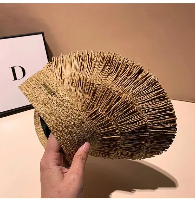 New Designer Fashion Brand Sun Fringe Straw Hat Women's Summer Empty Top Sun Hat Outdoor Parma UV Protection Beach Sun Hat