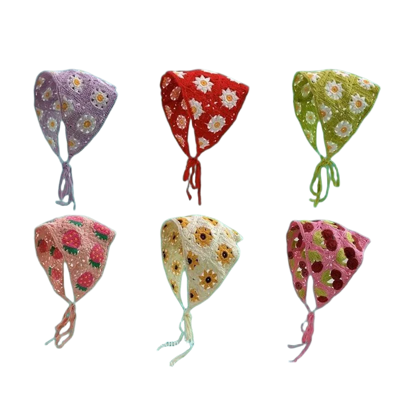 Hairband Women's Hair Accessories Fashionable Knitted Crochet Hollow Triangle Scarf Sweet and Cute Girly Style Floral Headscarf