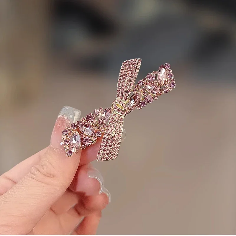 High-end Purple Crystal Rhinestone Bow Hairpin Sweet Women's Bangs Side Clip Hair Clip Exquisite Korean Style Hair Accessories