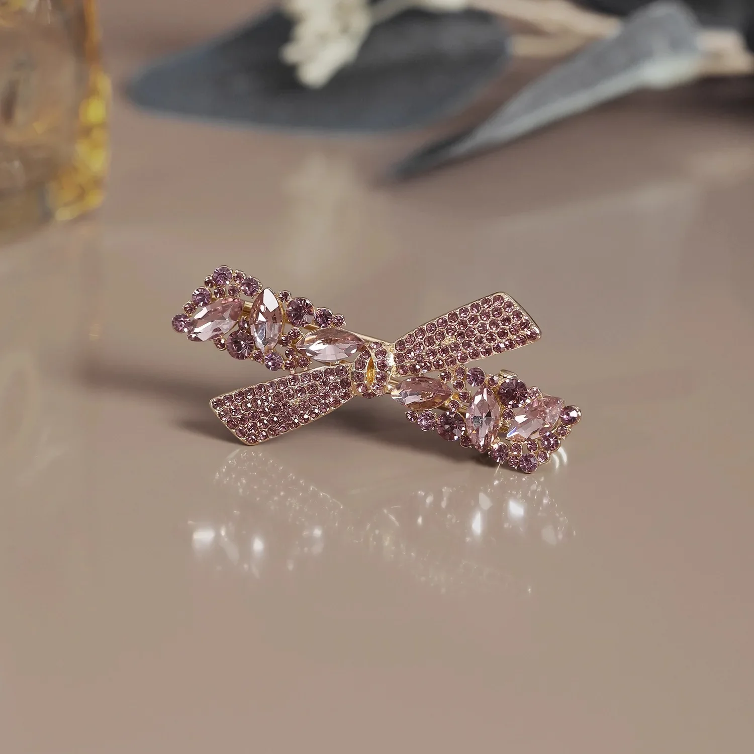 High-end Purple Crystal Rhinestone Bow Hairpin Sweet Women's Bangs Side Clip Hair Clip Exquisite Korean Style Hair Accessories