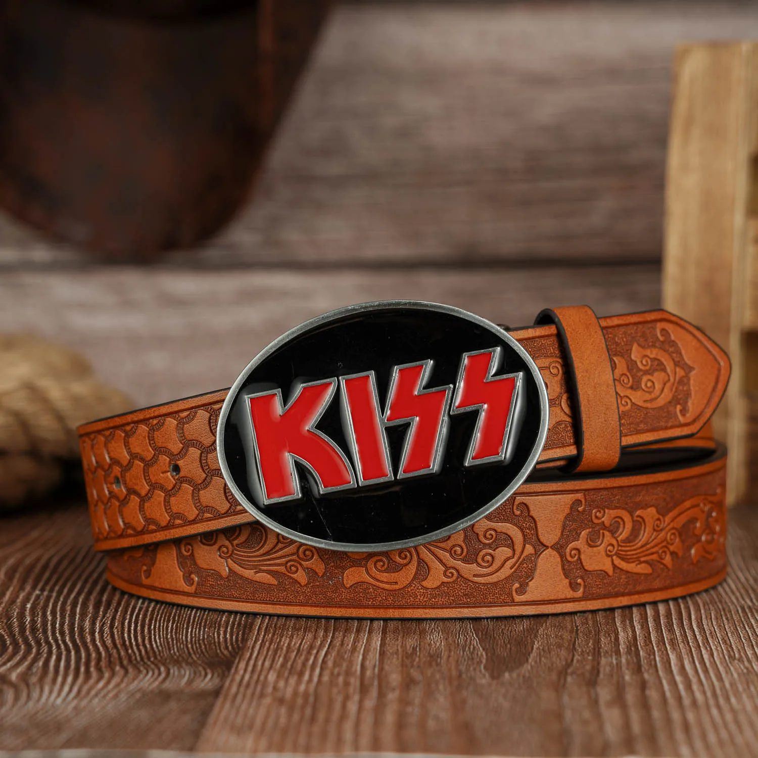 Oval KISS Red and Black Base Buckle Casual and Versatile Tengyun PU Embossed Belt Unisex Belt